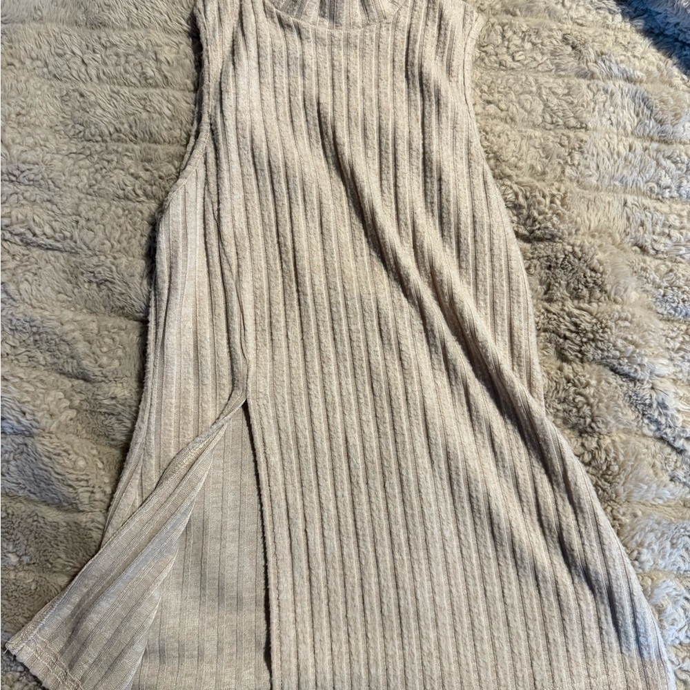 Sleeveless Ribbed Knit Dress in Beige